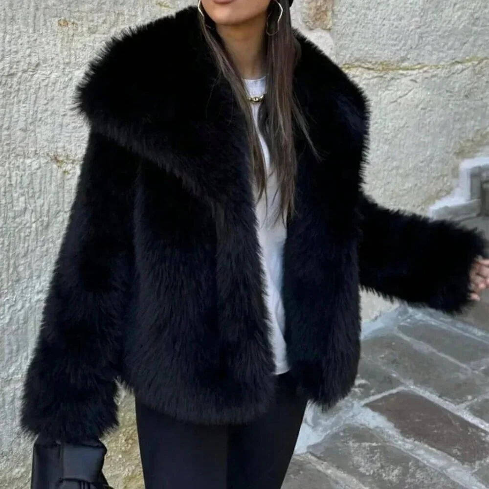 Black Preppy Women's Casual Luxury Faux Fur Coat